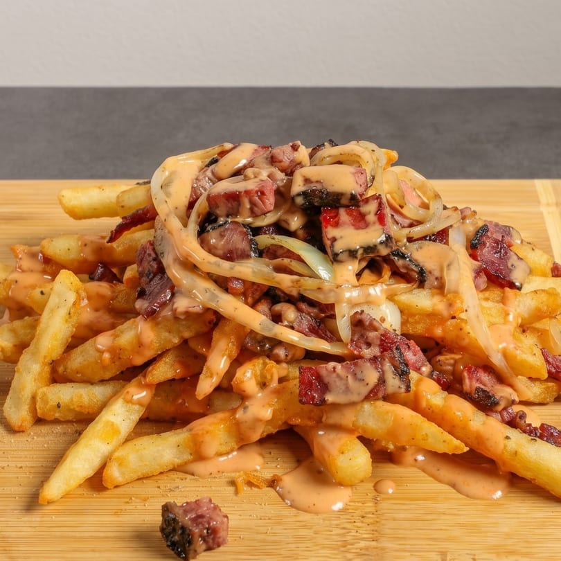 Golden french fries topped with diced meat, sautéed onions, and a creamy sauce on a wooden board.