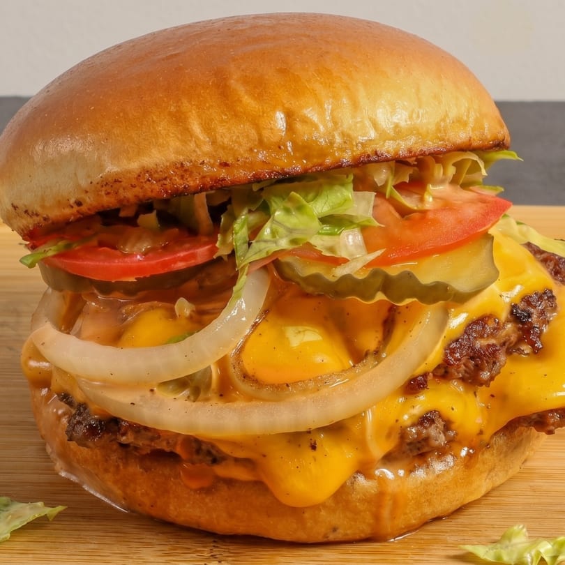 A close-up of a double cheeseburger with melted cheese, onions, pickles, tomatoes, and lettuce.
