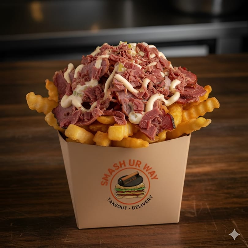 Smash Ur Way crinkle-cut fries topped with pastrami, onions, and white sauce in a branded container.