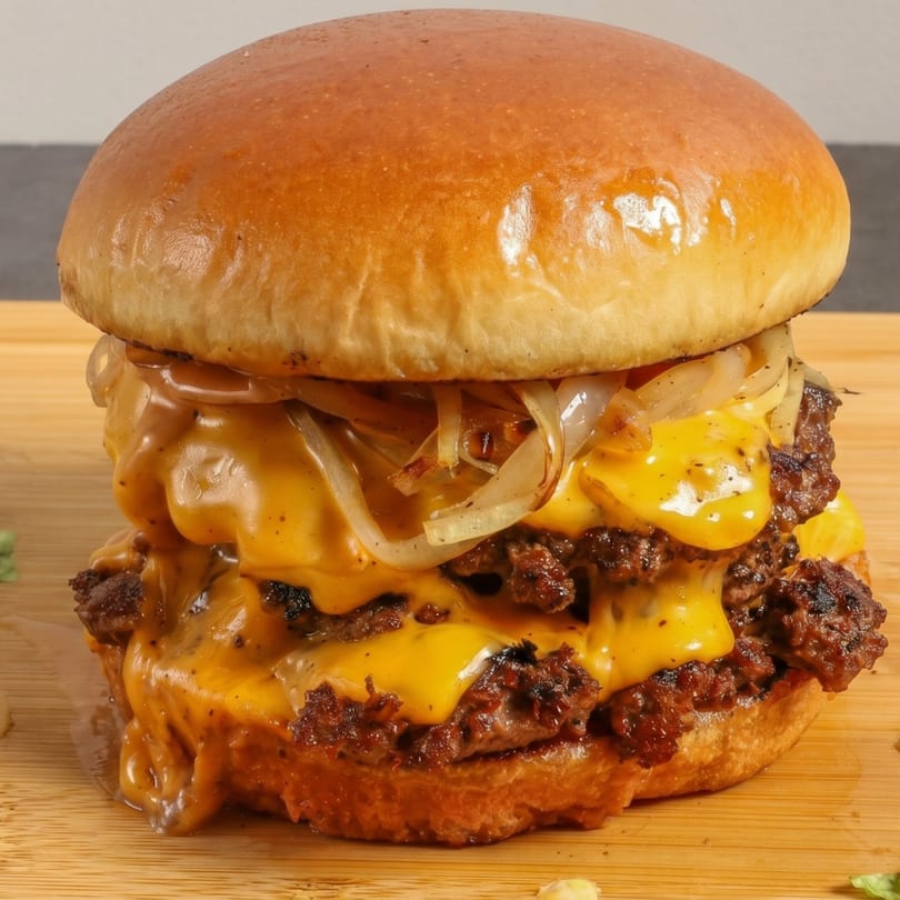 Close-up of a double cheeseburger with melted cheese and caramelized onions on a wooden board.
