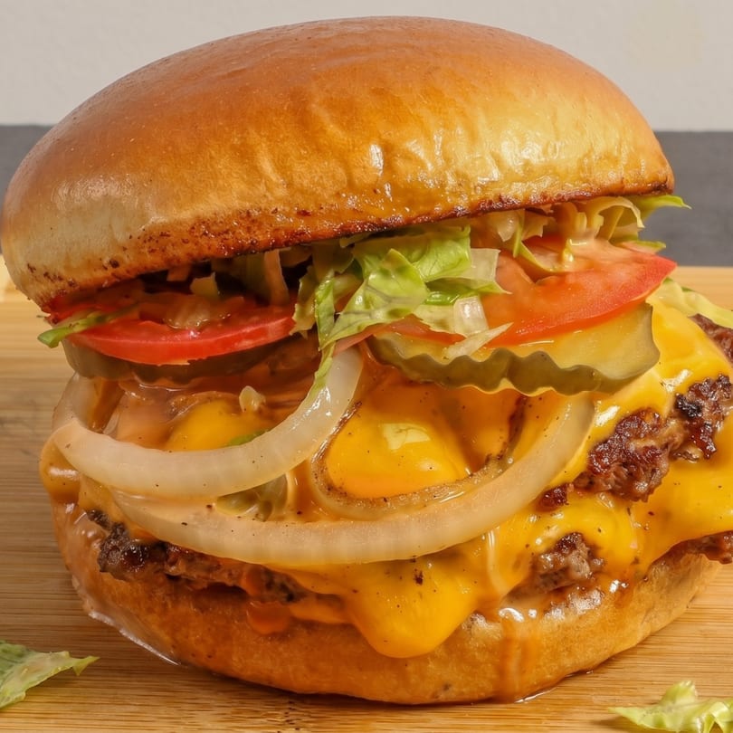 Close-up of a juicy cheeseburger with melted cheese, onions, pickles, tomato, and lettuce.